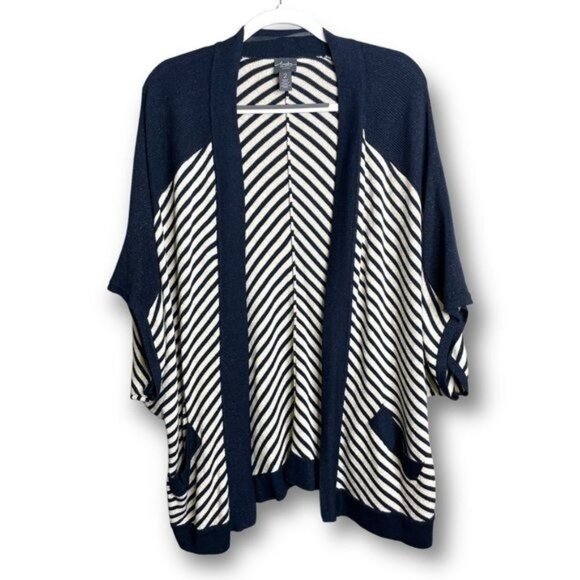 Chico's Tops - Chicos Travelers Size 12/14 Navy Beige Metallic Open Front Relaxed Fit Cardigan